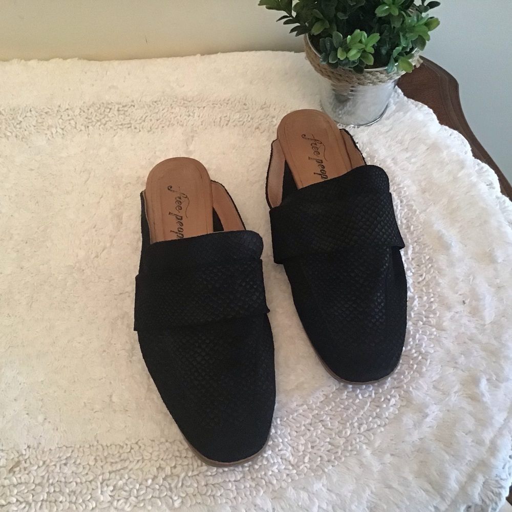 Free People At Ease Black Embossed Suede Mules